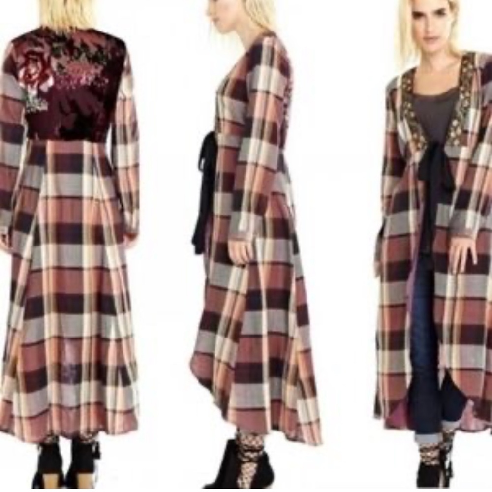 NWT Aratta Silent Journey Plaid Duster with‎ Velvet Detail Size Medium